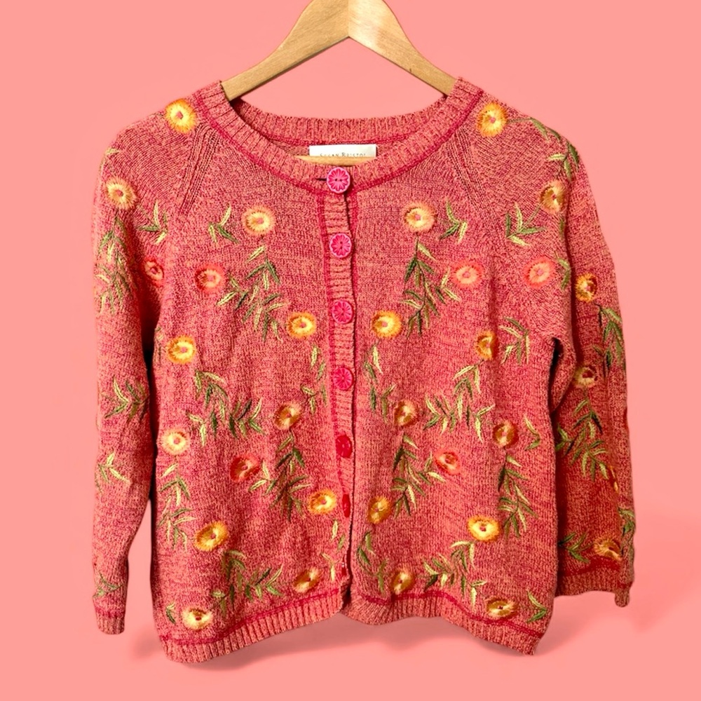 Susan Bristol Coral Floral Embroidered Cropped Cardigan